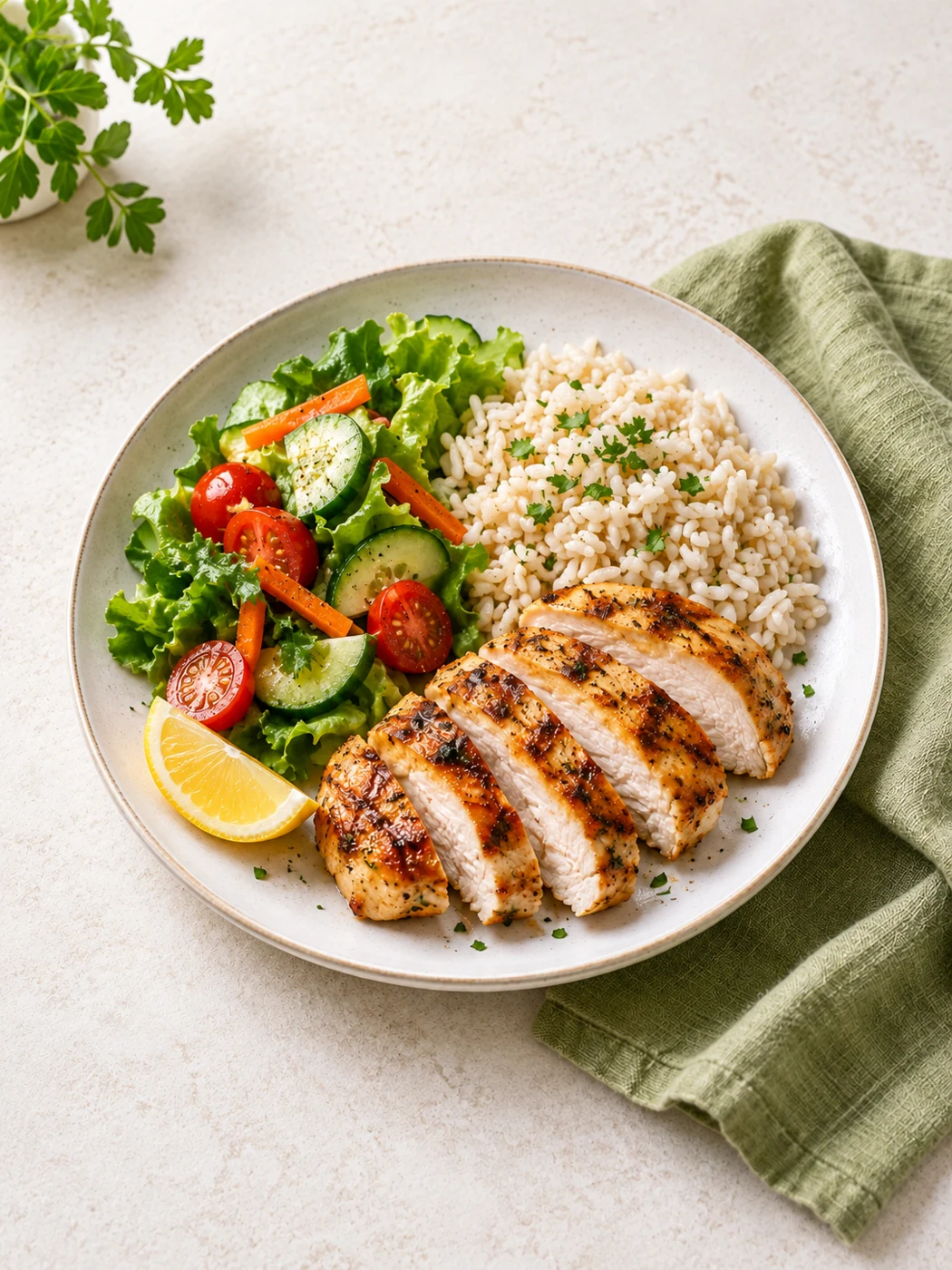 Illustrative meal of grilled chicken, rice and fresh vegetables